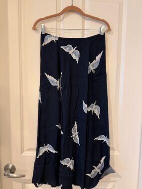 Reformation Navy Midi Skirt with White Crane Print
